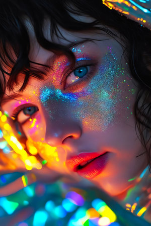 Woman with blue eyes and colorful hair is looking at something. Generative AI.の素材