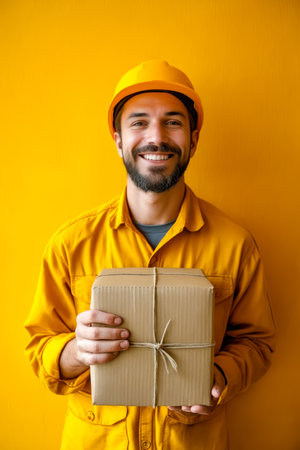 Man wearing yellow shirt and hard hat holds unopened package. Generative AI.の素材