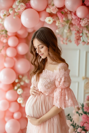 Woman in pink dress is holding her belly and looking at the camera. Generative AI.の素材