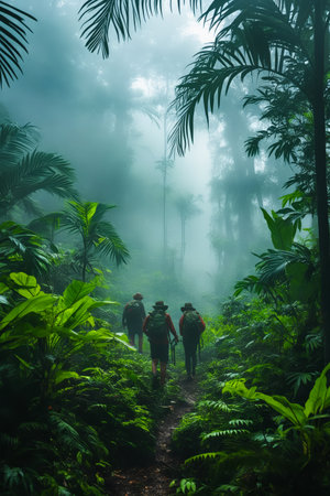 Three people are walking through foggy and plant filled jungle. Generative AI.の素材