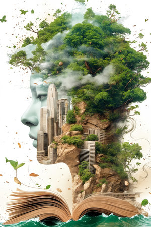 Image of woman's face surrounded by trees and tall buildings. Generative AI.の素材