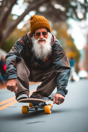 Old man with beard riding on skateboard in the street. Generative AI.の素材