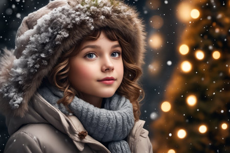 A young girl wearing a fur hat and a scarf stands in front of a Christmas tree. She has a bright smile on her face, and the scene is set in a snowy environmentの素材