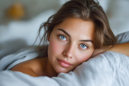 Woman with long hair and blue eyes lays her head on pillow. Generative AI.の素材