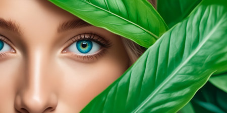 A woman's face is shown through a leafy green plant. The woman has blue eyes and a light skin tone. Concept of natural beauty and harmony between the woman and the plantの素材