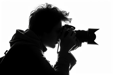 Person with camera is taking picture of themselves in front of white background. Generative AI.の素材