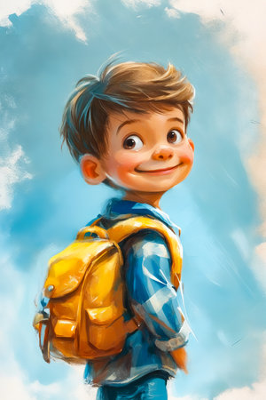 Boy with backpack on his back and smile on his face. Generative AI.の素材