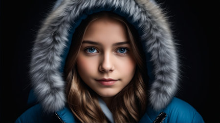 A young woman wearing a blue coat with a fur hood. She has blue eyes and a smile on her faceの素材