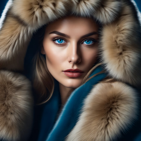 A woman with blue eyes and a tan fur coatの素材
