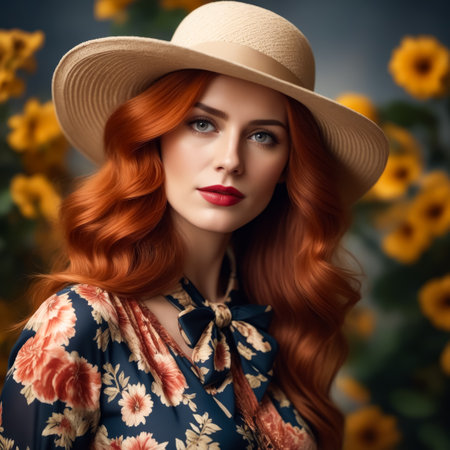 A woman with red hair and a white hat is standing in front of a yellow flower arrangement. The image has a warm and inviting mood, with the bright colors of the flowersの素材