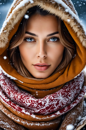 A woman wearing a brown and red scarf with snowflakes on it. She has blue eyes and a smile on her faceの素材