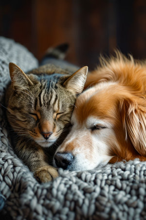 Cat and dog sleeping together on blanket. Generative AI.の素材
