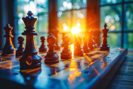 Chess board with pieces in various positions and bright sun shining on them. Generative AI.の素材