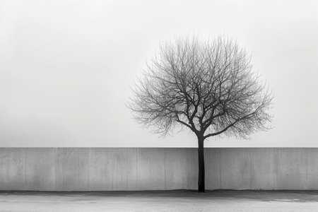 Tree with no leaves stands in front of concrete wall. Generative AI.の素材