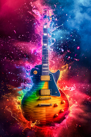 Rainbow colored guitar that is electric. Generative AI.の素材
