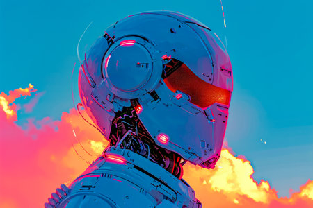 Robot with head that resembles white helmet has flame emanating from its chest. Generative AI.の素材