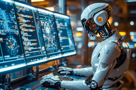 Robot with head resembling white helmet is sitting in front of two monitors typing on one of them. Generative AI.の素材