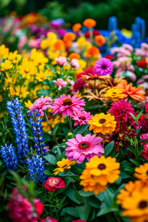 Bouquet of colorful flowers includes pink daisy and purple daisies. Generative AI.の素材