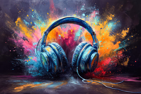 Pair of headphones are depicted in artistic colorful manner. Generative AI.の素材