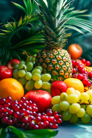 Colorful assortment of fruits including apples oranges and pineapple arranged on plate. Generative AI.の素材