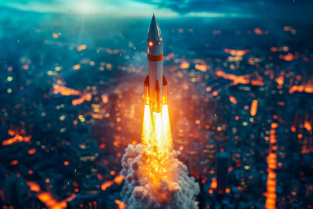 Rocket is blasting off into space with city in the background. Generative AI.の素材