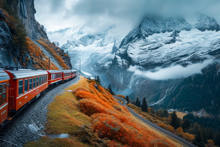 Train is traveling through mountainous area with fall foliage. Generative AI.の素材