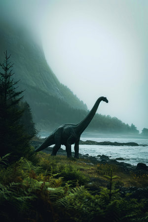 Computer-generated image of dinosaur standing by water and trees. Generative AI.の素材