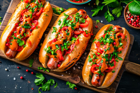 Four hot dogs with toppings on wooden board. Generative AI.の素材