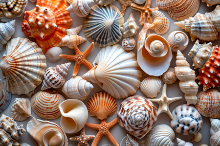 Collection of seashells in various shapes sizes and colors. Generative AI.の素材