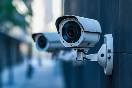 White surveillance camera is mounted on wall with another camera visible in the background. Generative AI.の素材