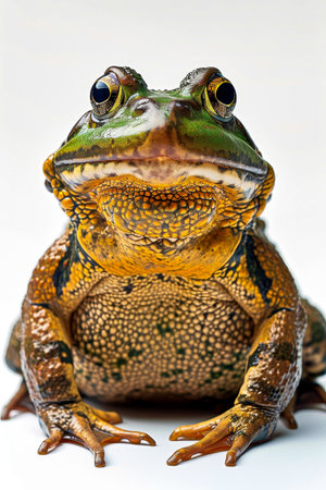 Close up of frog with yellow and green spots on its face and body. Generative AI.の素材