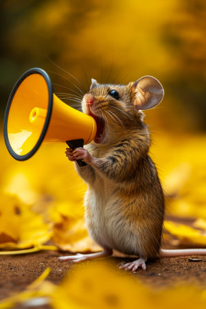 Small mouse with big yellow horn is standing on leaves. Generative AI.の素材