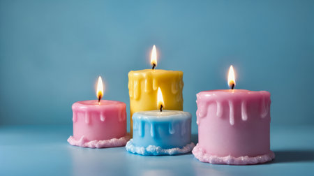 Three candles in different colored wax are arranged side by side on table. Generative AI.の素材