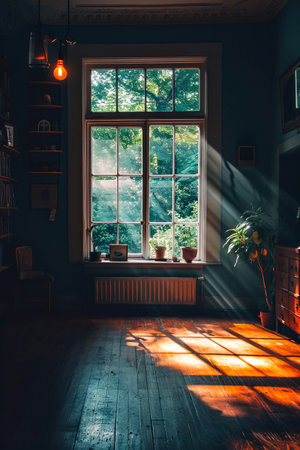 Sunny room with large window and potted plant in the corner. Generative AI.の素材