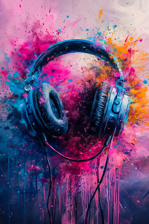 Image of pair of headphones one of which is covered in colorful splotches of paint. Generative AI.の素材