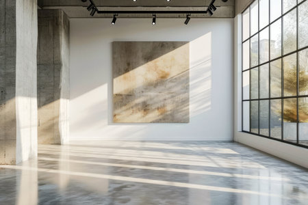 Large white room with painting hanging from the ceiling and two lights shining on it. Generative AI.の素材