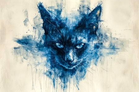 Blue cat with yellow eyes stars into the depths of the painting that features blue background and almost entirely blue face. Generative AI.の素材