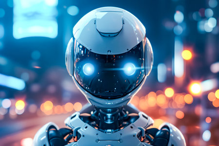 White robot with blue lights and black body suit. Generative AI.の素材