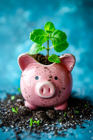 Pot with plant in it that looks like piggy bank. Generative AI.の素材