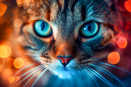 Cat's eyes are illuminated in blue and orange light creating striking contrast with its dark fur. Generative AI.の素材