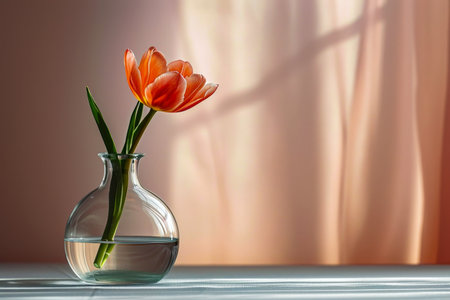 Single orange flower sits in clear glass vase filled with water placed on table near window. Generative AI.の素材
