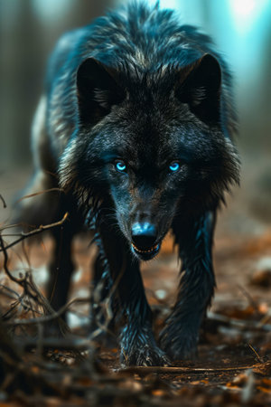 Blue-eyed wolf is standing in the forest with its mouth open. Generative AI.の素材