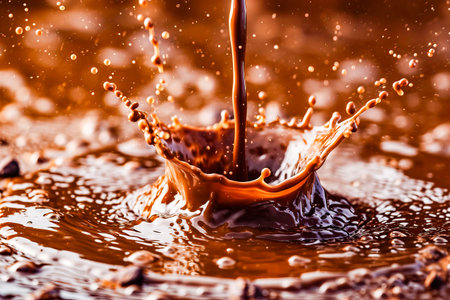 Drop of chocolate is captured in mid air creating splash effect. Generative AI.の素材