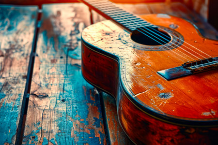Old guitar sitting on wooden table with sun rays shining on it. Generative AI.の素材