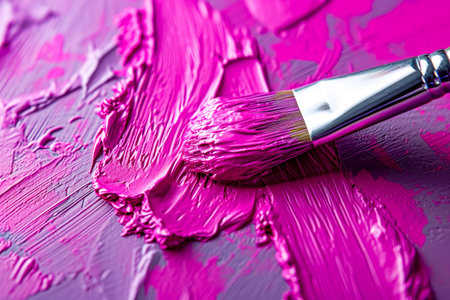 Brush is in front of purple background with some pink paint on it. Generative AI.の素材