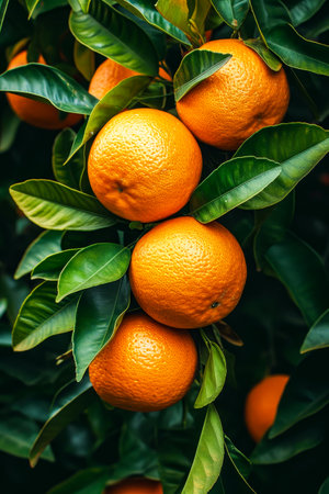 Group of oranges still on tree and ready to pick. Generative AI.の素材