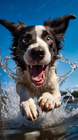 Dog with large mouth and big eyes is running through water leaving trail of splashes behind it. Generative AI.の素材