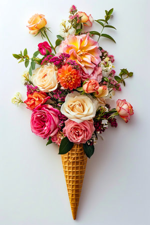 Bouquet of flowers is arranged in ice cream cone shaped vase. Generative AI.の素材