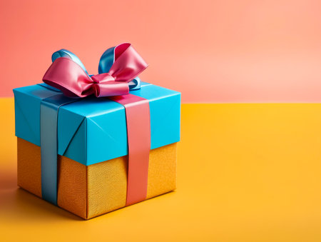 Blue box with pink bow on top of it placed on yellow background. Generative AI.の素材