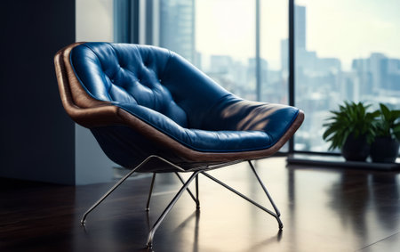 Blue chair with wooden frame sits in front of window overlooking the city. Generative AI.の素材